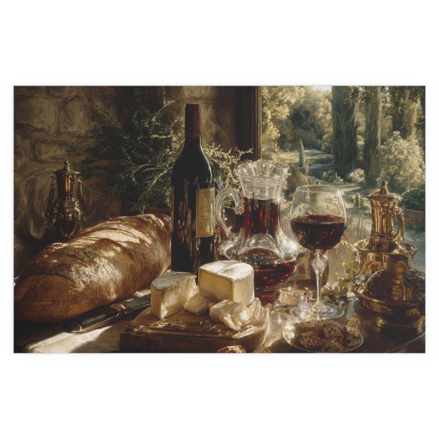 Vintage Still Life Bread Wine Cheese - Silk Paper Print