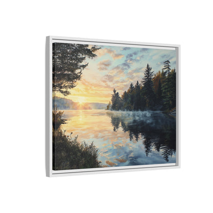 Sunrise Lake Framed Canvas Print — Forest Reflection Wall Art