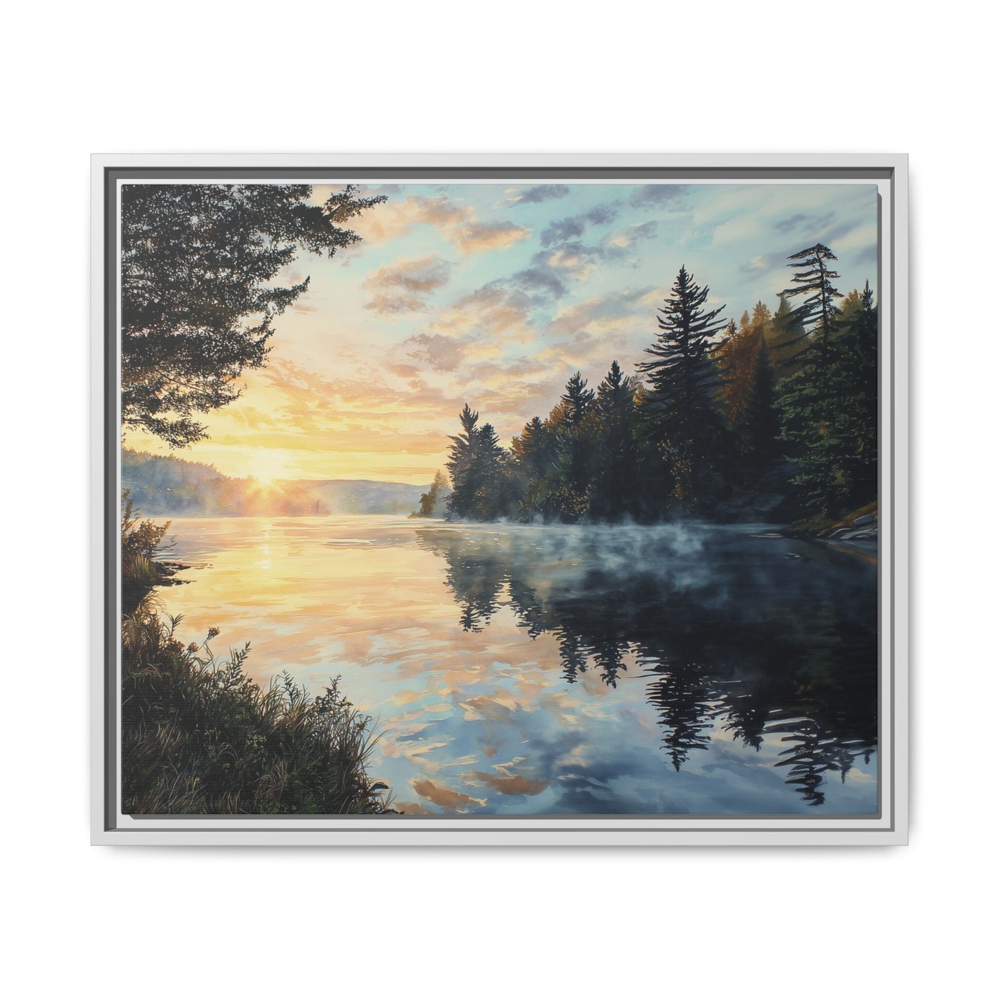 Sunrise Lake Framed Canvas Print — Forest Reflection Wall Art