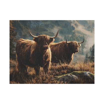 Highland Cow Canvas Print – Rustic Scottish Cattle Landscape Wall Art