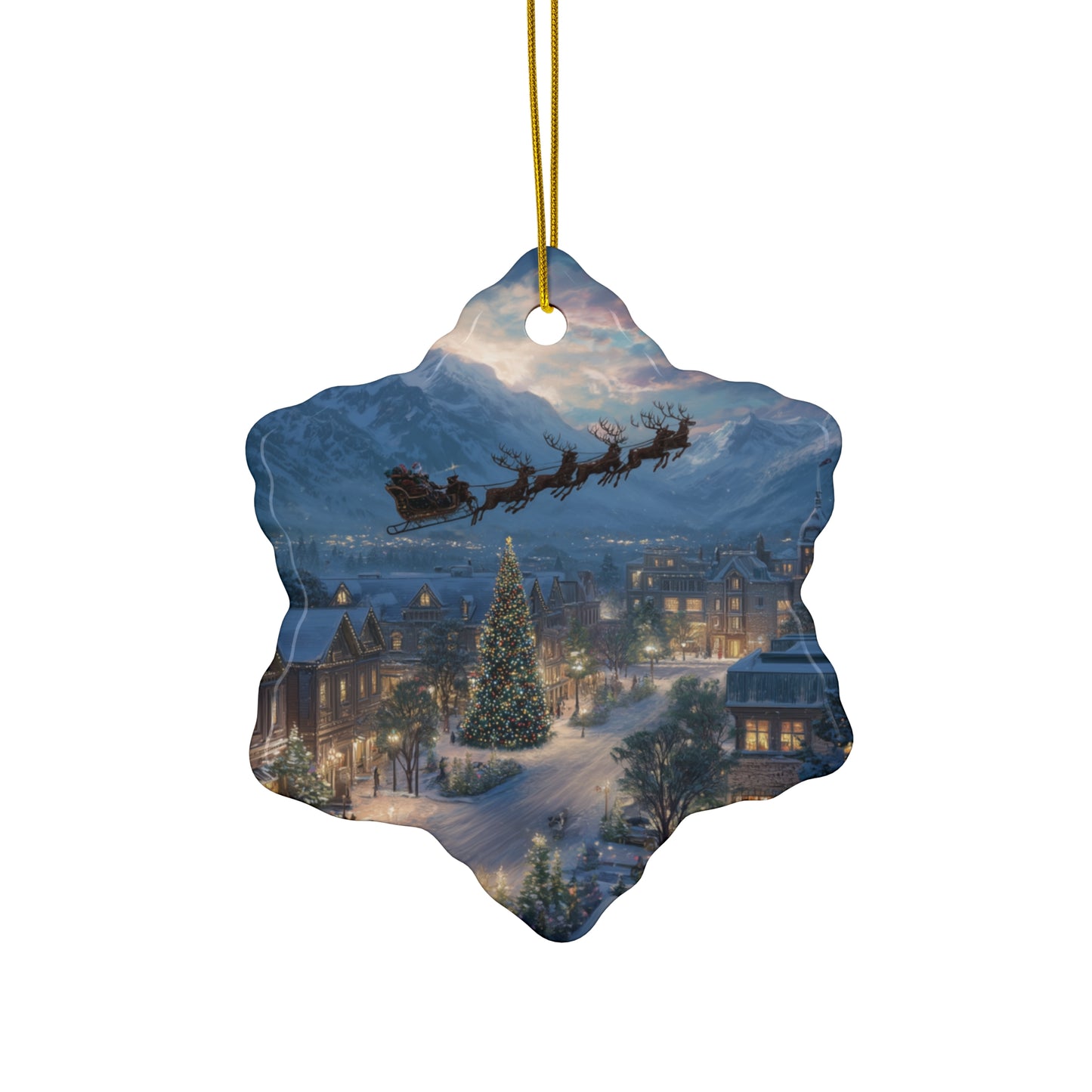 Star Ceramic Ornament – Santa Over Snowy Village Christmas Tree Holiday Decoration