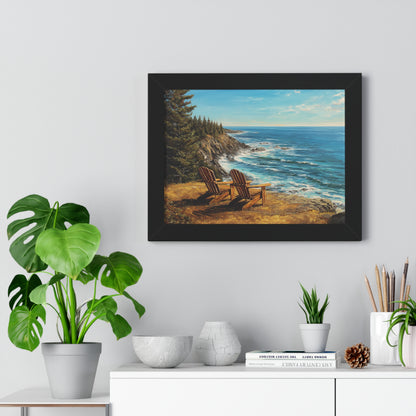Coastal Clifftop Adirondack Chairs Framed Print — Beach Landscape Wall Art