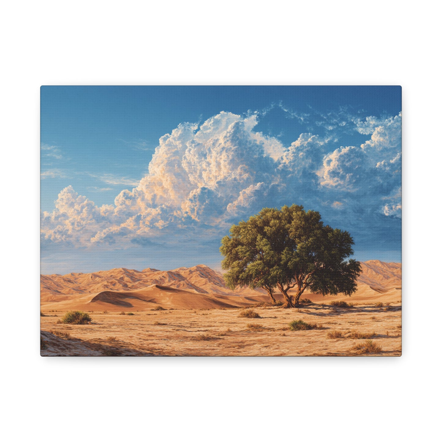 Desert Solitude Canvas Print — Lone Tree in Golden Dunes Matte Stretched Wall Art