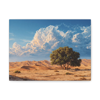 Desert Solitude Canvas Print — Lone Tree in Golden Dunes Matte Stretched Wall Art