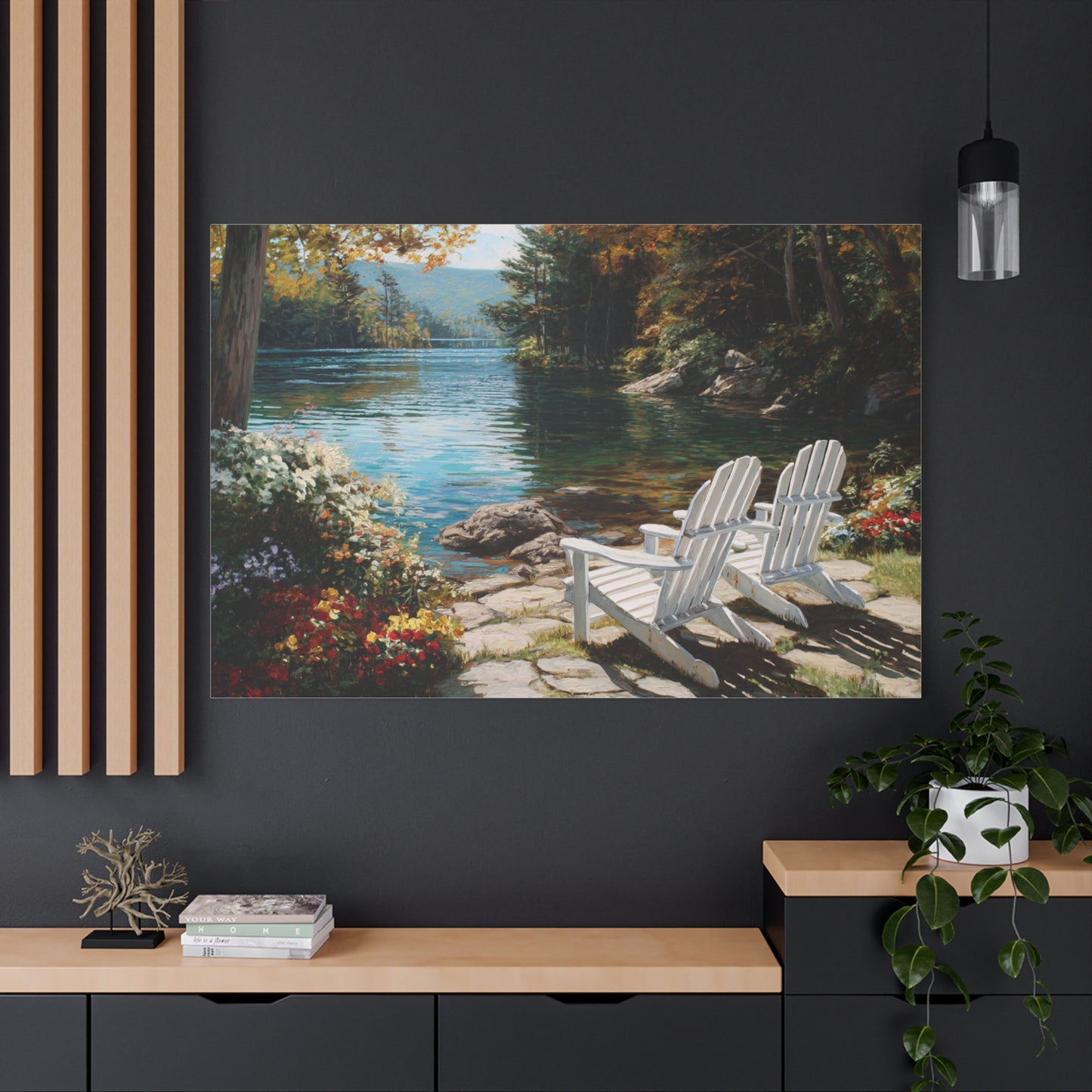 Canvas Print - Lakeside Adirondack Chairs Scenic Wall Art (Matte Stretched)