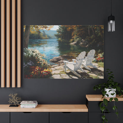Canvas Print - Lakeside Adirondack Chairs Scenic Wall Art (Matte Stretched)