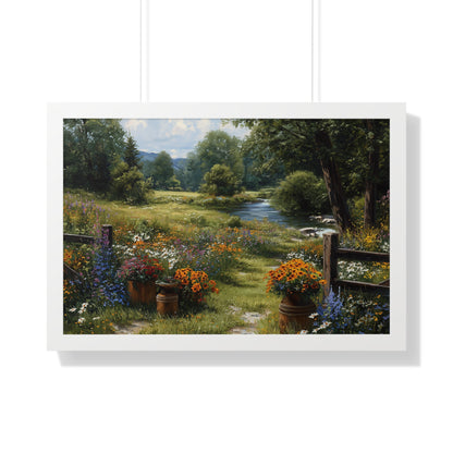 Serene Country Meadow Landscape Print - Framed Print