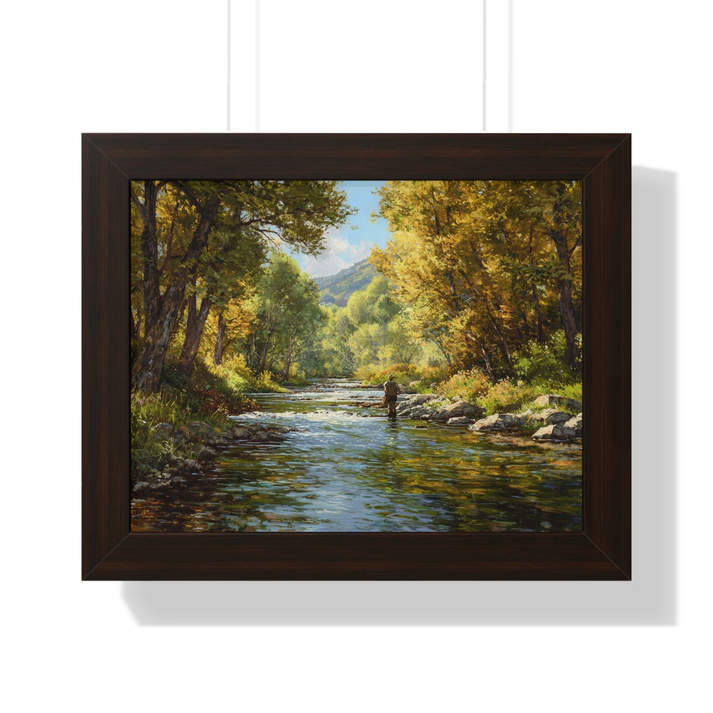 River Fly Fishing Art Print for Cabin & Living Room - Framed Landscape Print