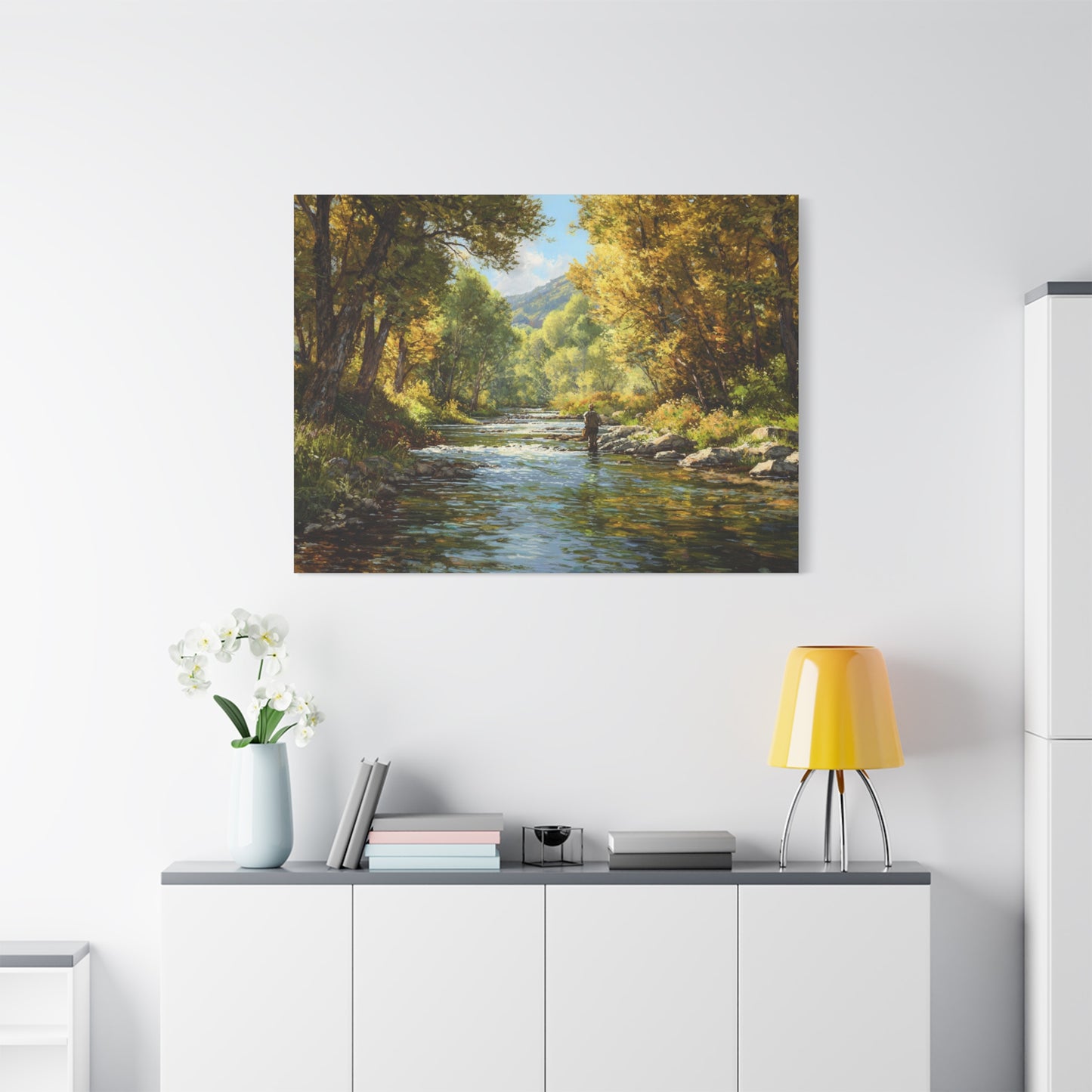 Autumn River Fly Fishing Matte Stretched Canvas
