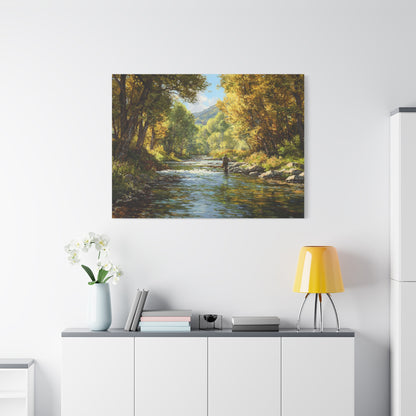 Autumn River Fly Fishing Matte Stretched Canvas