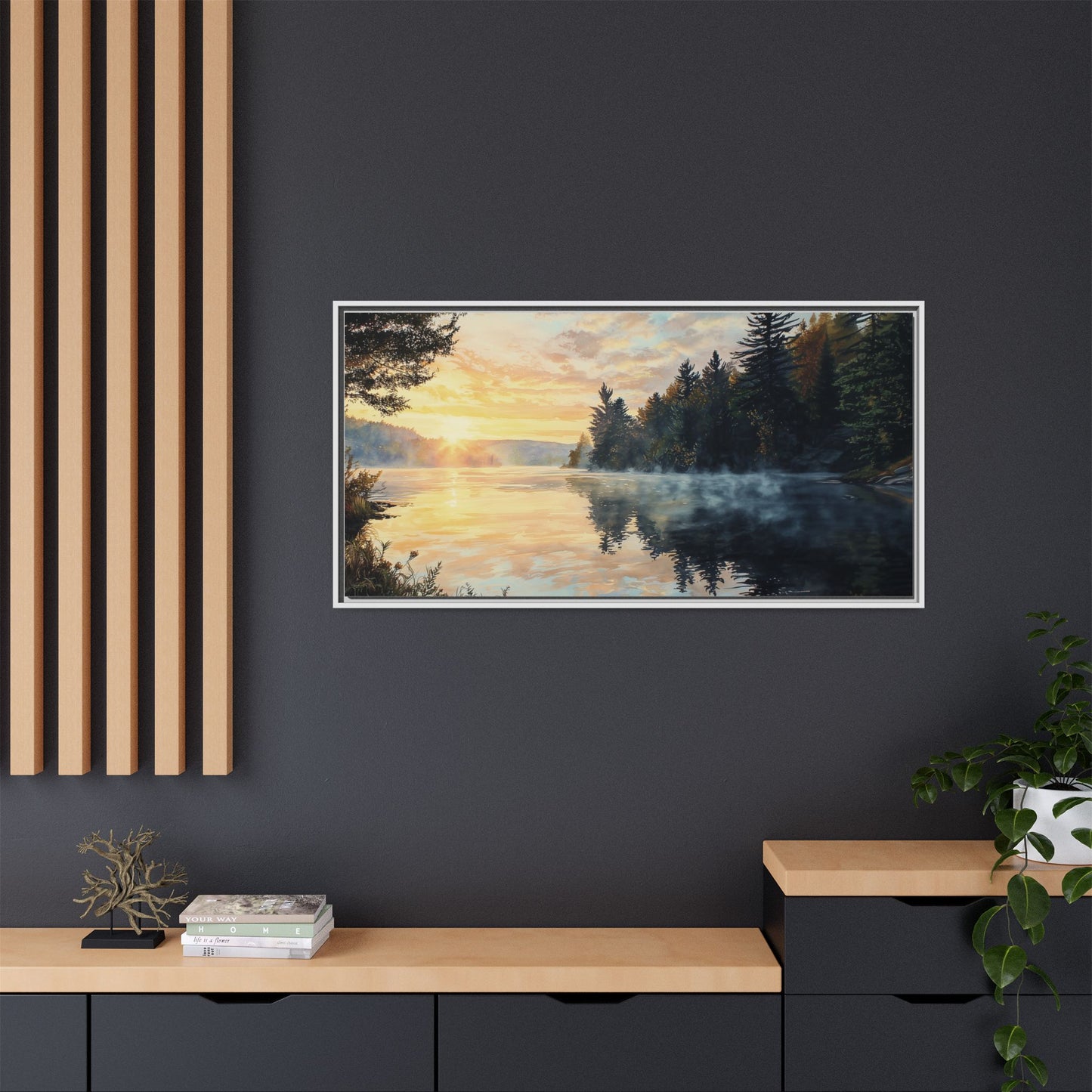 Sunrise Lake Framed Canvas Print — Forest Reflection Wall Art
