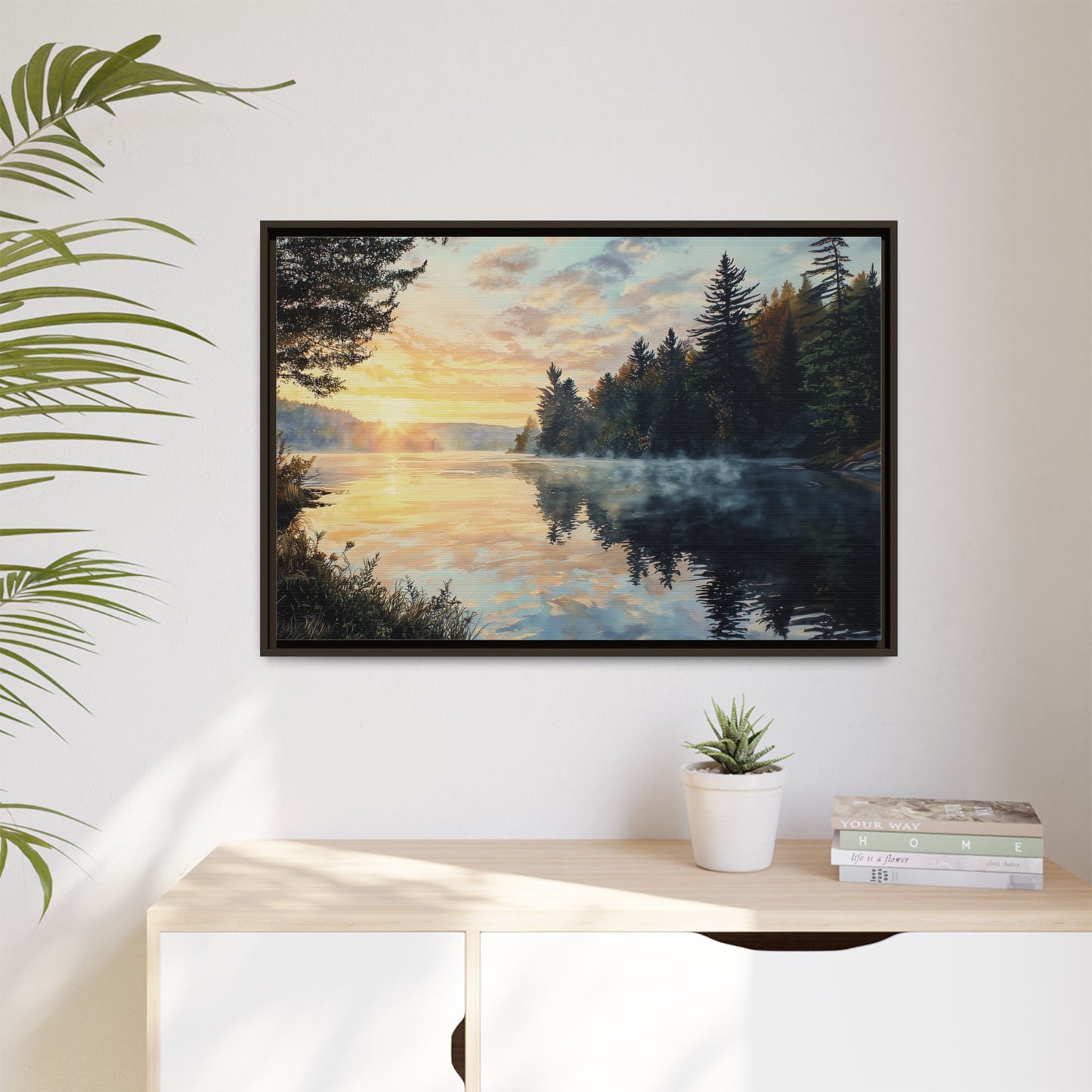 Sunrise Lake Framed Canvas Print — Forest Reflection Wall Art