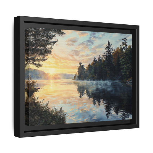Sunrise Lake Framed Canvas Print — Forest Reflection Wall Art