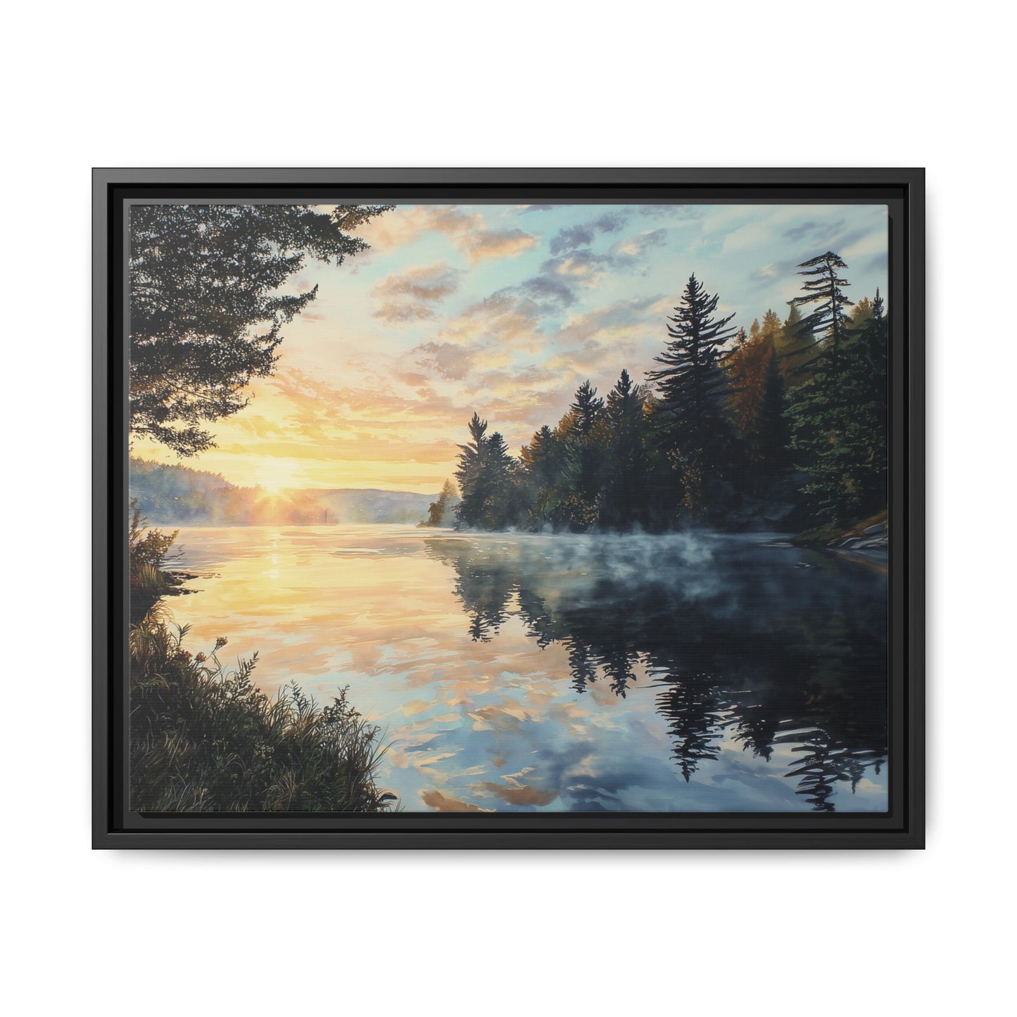Sunrise Lake Framed Canvas Print — Forest Reflection Wall Art