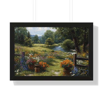 Serene Country Meadow Landscape Print - Framed Print