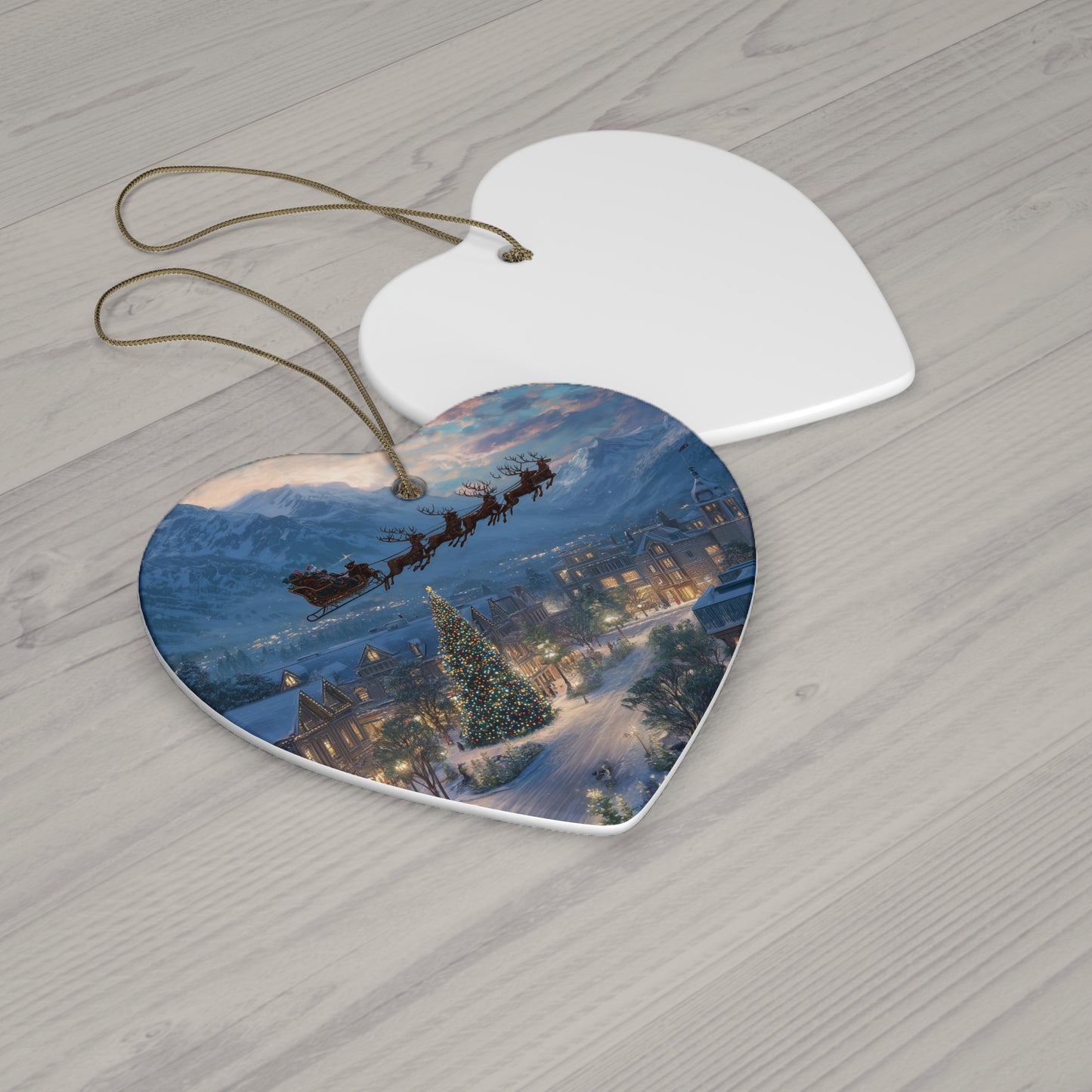 Star Ceramic Ornament – Santa Over Snowy Village Christmas Tree Holiday Decoration