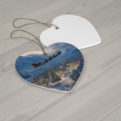 Star Ceramic Ornament – Santa Over Snowy Village Christmas Tree Holiday Decoration