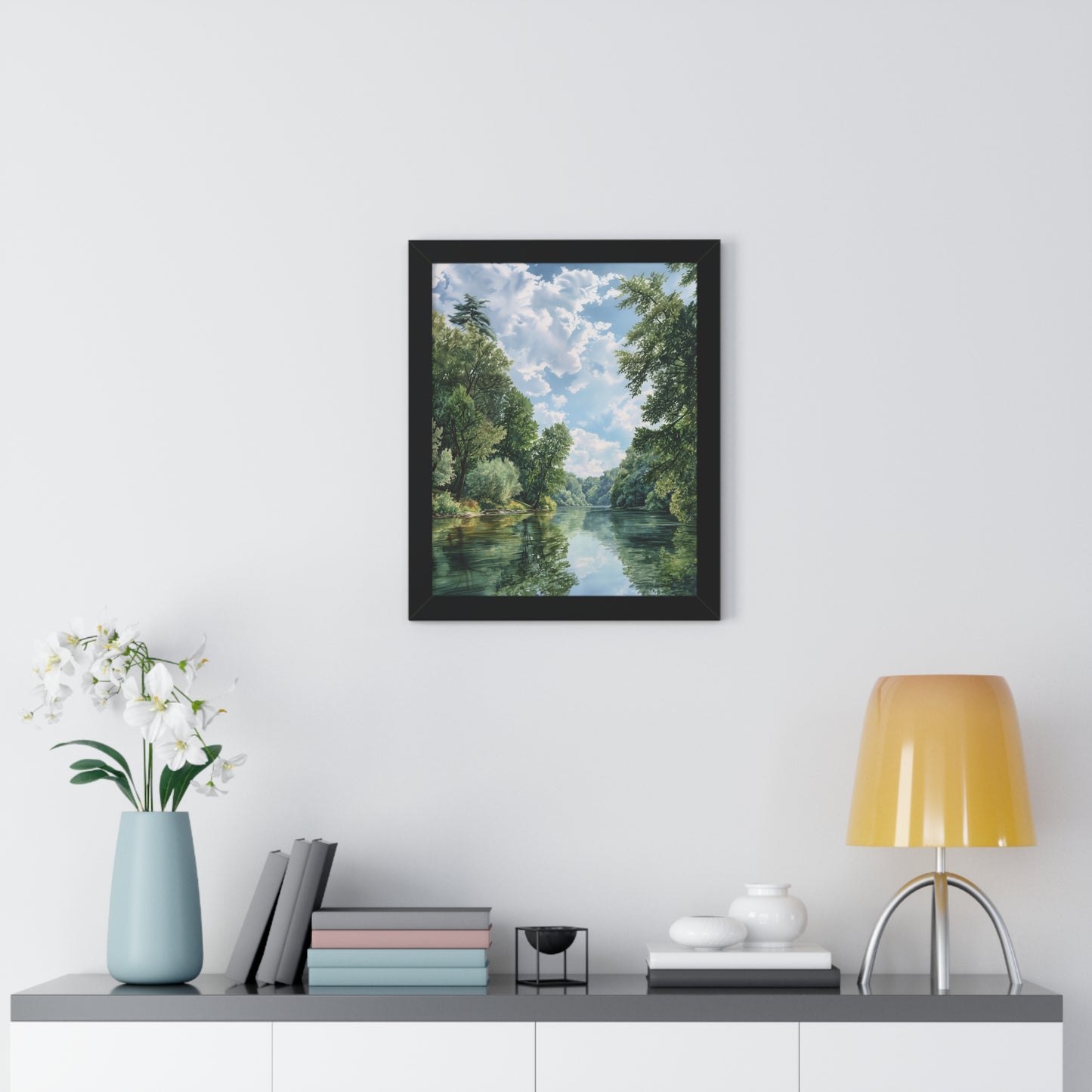 Serene River Landscape Wall - Framed Vertical Print