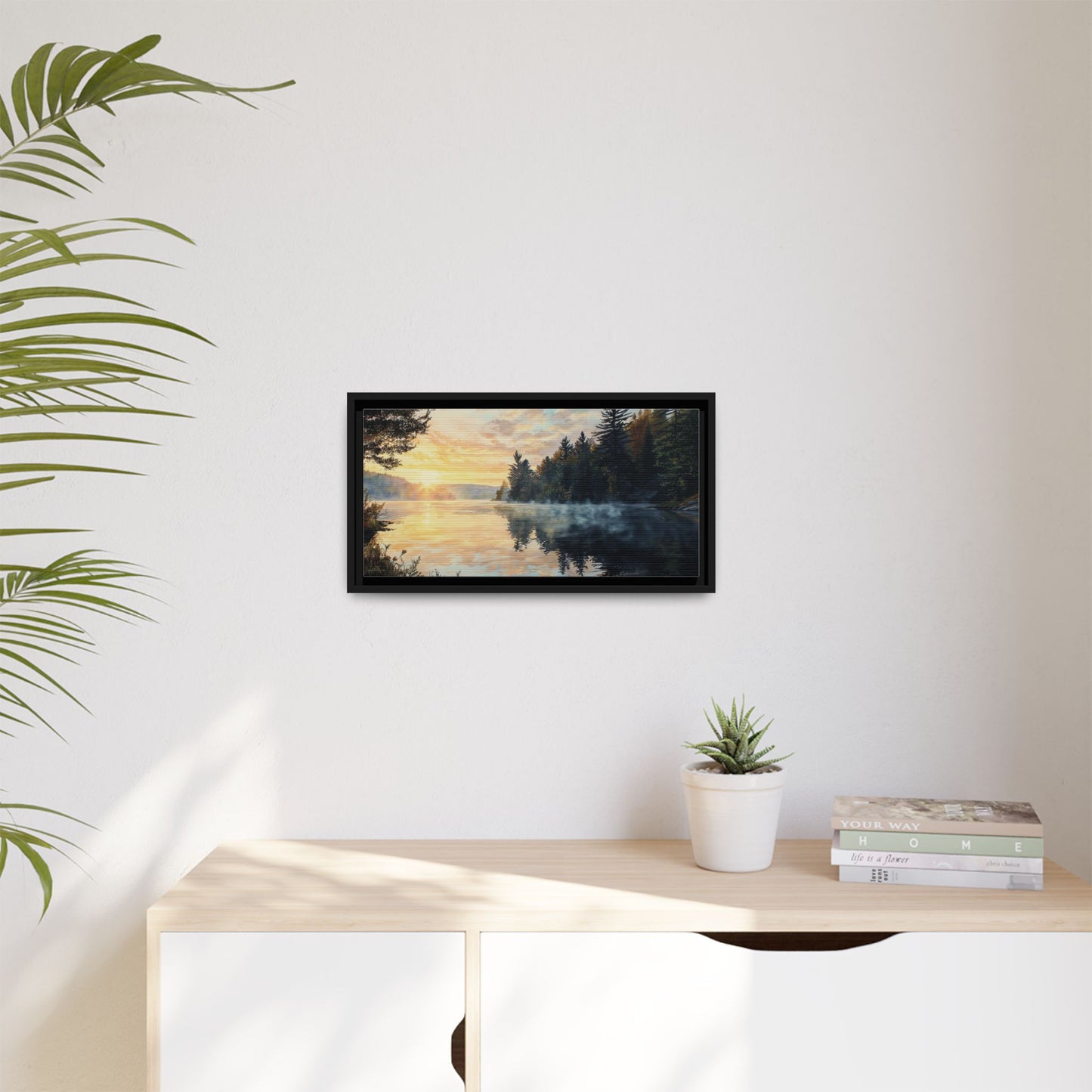 Sunrise Lake Framed Canvas Print — Forest Reflection Wall Art