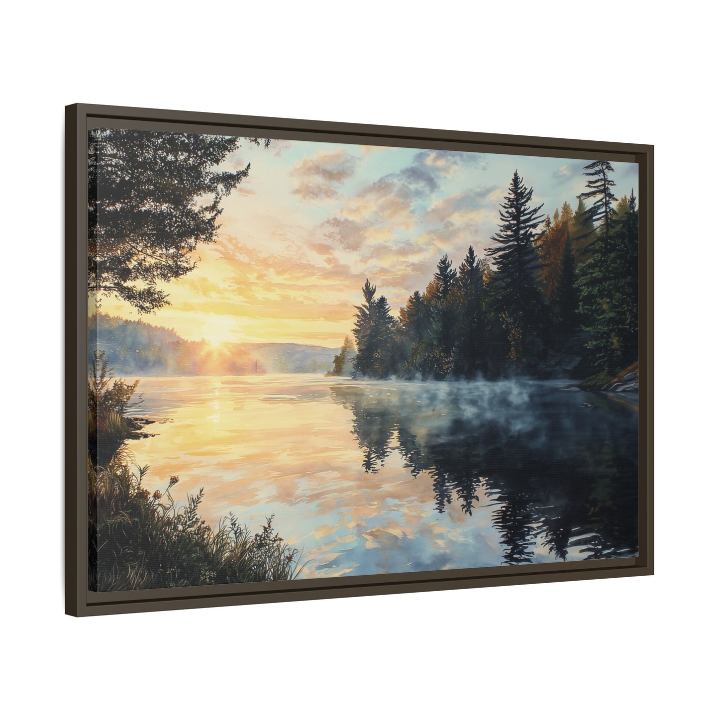 Sunrise Lake Framed Canvas Print — Forest Reflection Wall Art