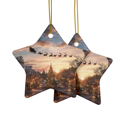Christmas Street Scene Ceramic Ornament — Santa Sleigh 2-Sided Holiday Decoration