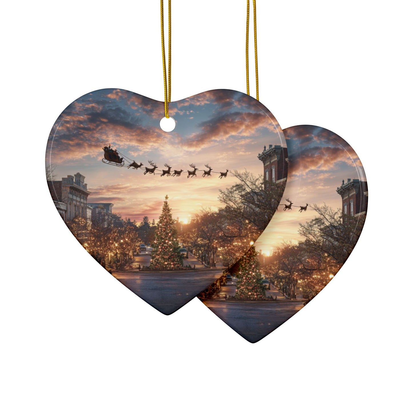 Christmas Street Scene Ceramic Ornament — Santa Sleigh 2-Sided Holiday Decoration