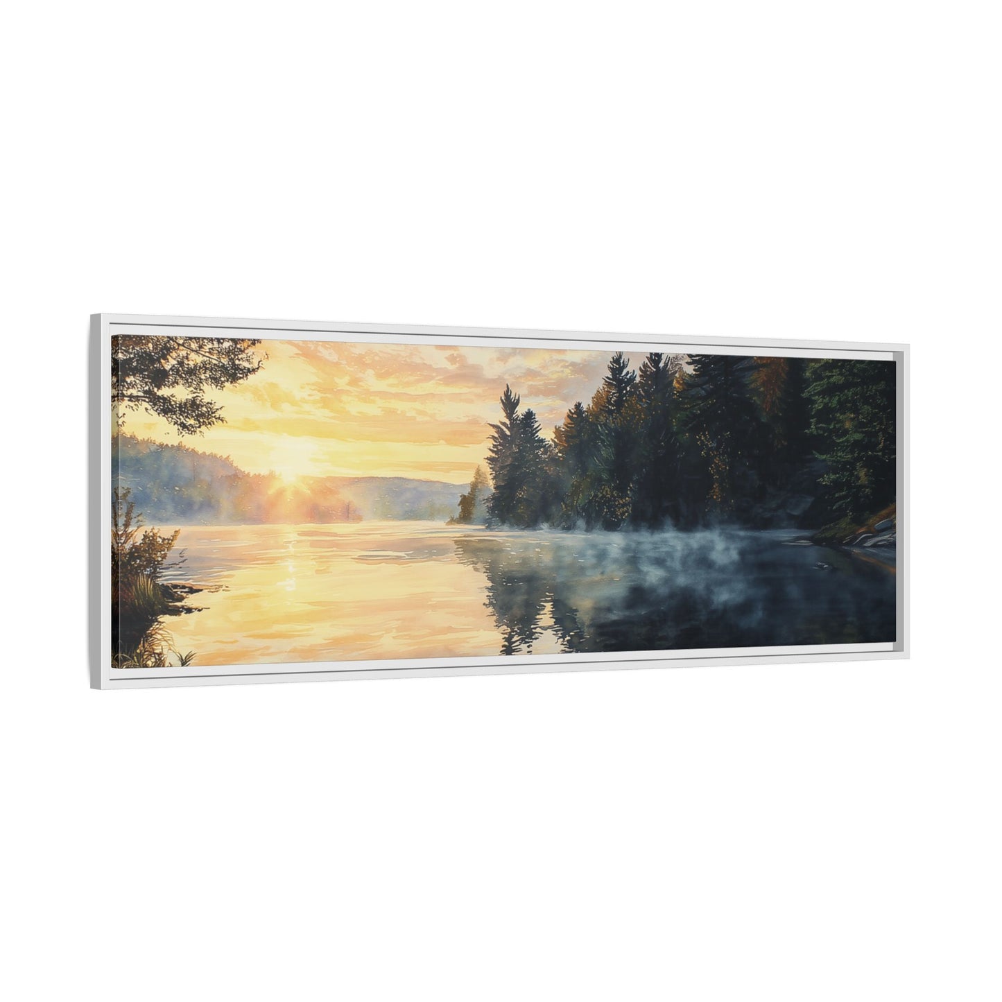 Sunrise Lake Framed Canvas Print — Forest Reflection Wall Art