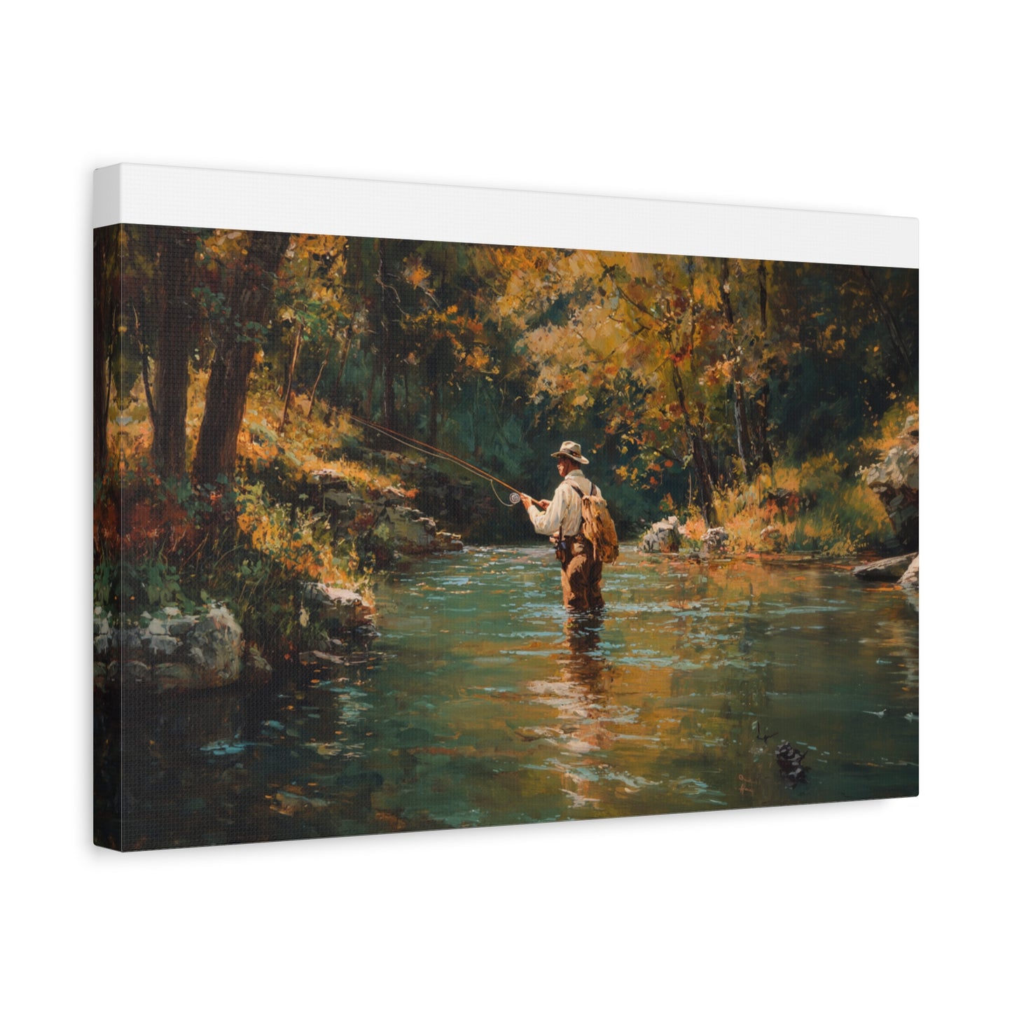 Vintage Fly Fisherman River Scene Matte Stretched Canvas (1.25")