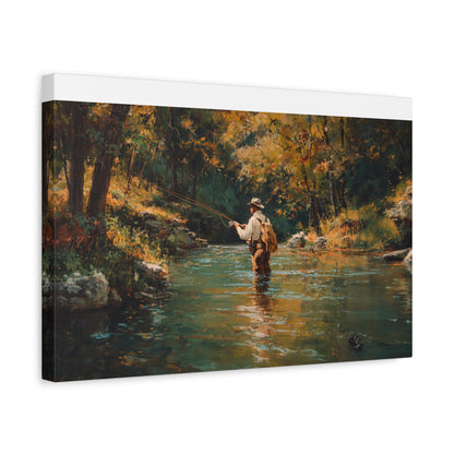 Vintage Fly Fisherman River Scene Matte Stretched Canvas (1.25")