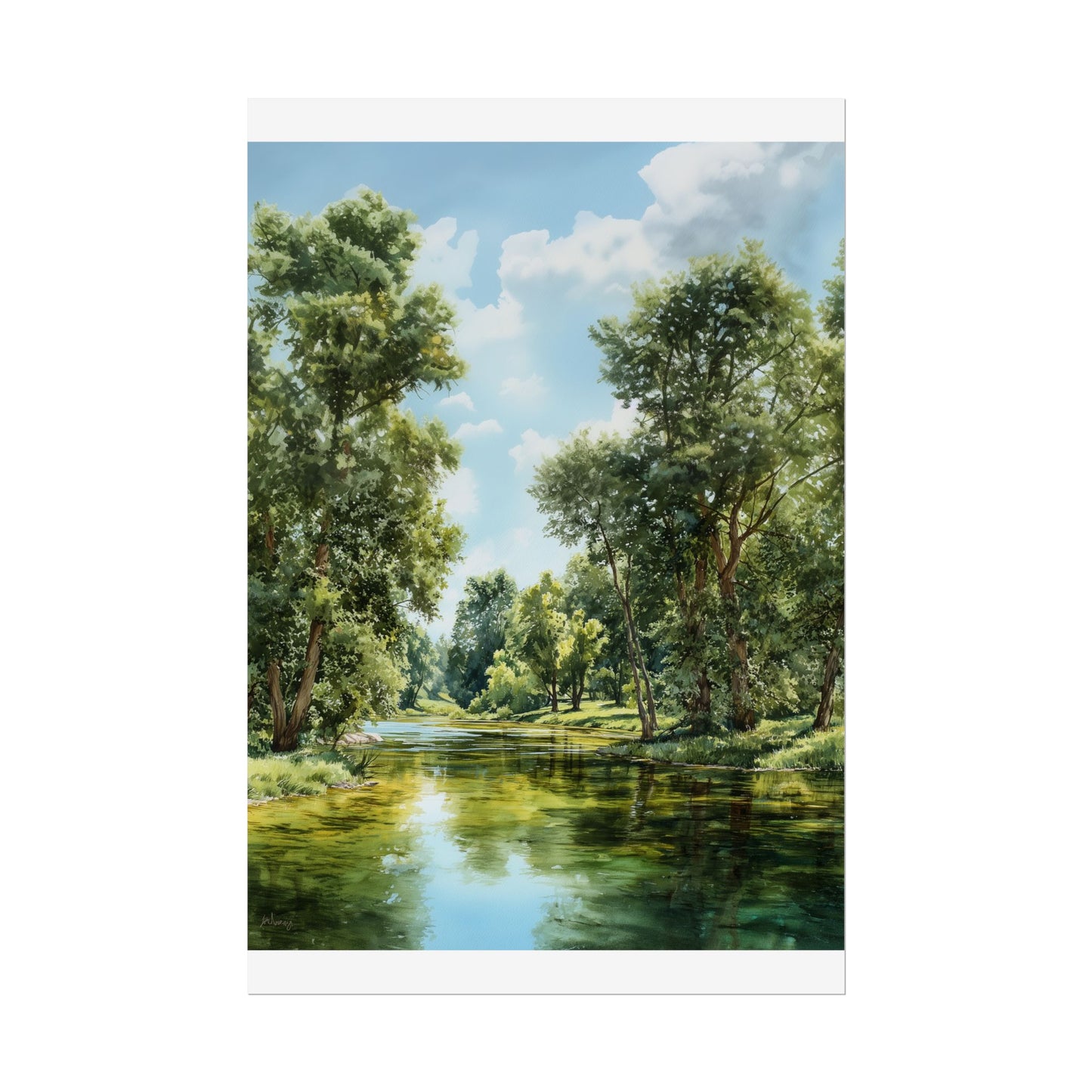 Forest River Landscape Print — Serene Nature Wall Art, Tranquil Greenery