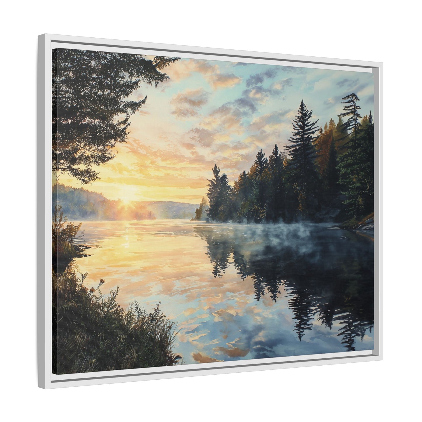 Sunrise Lake Framed Canvas Print — Forest Reflection Wall Art