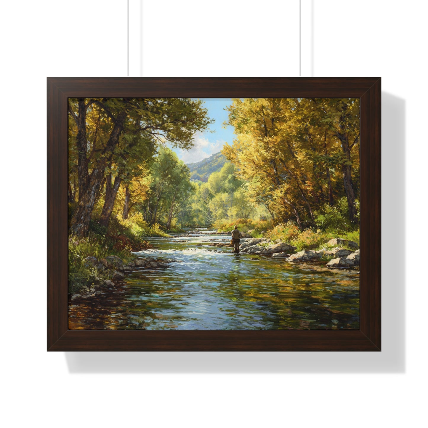 River Fly Fishing Art Print for Cabin & Living Room - Framed Landscape Print