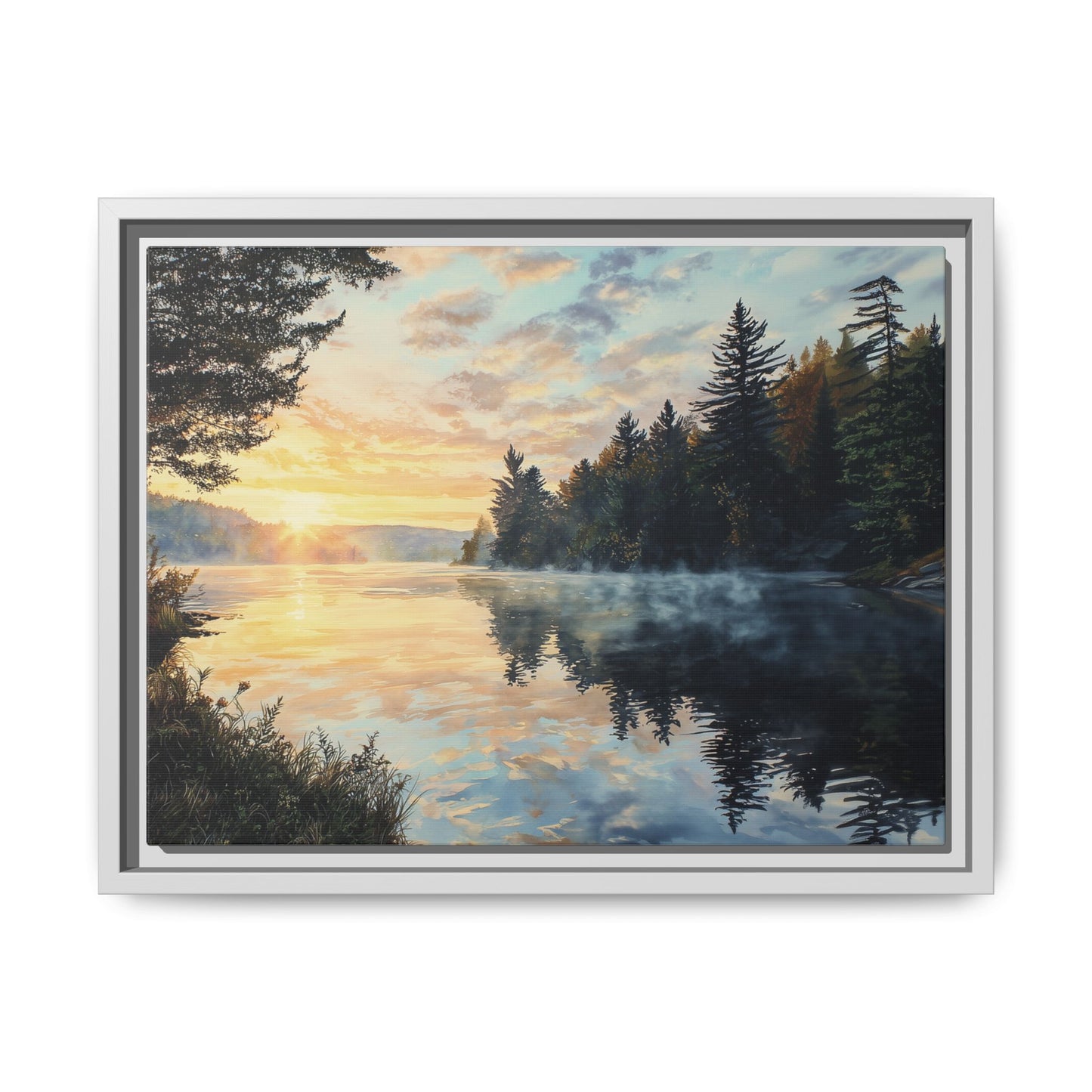 Sunrise Lake Framed Canvas Print — Forest Reflection Wall Art