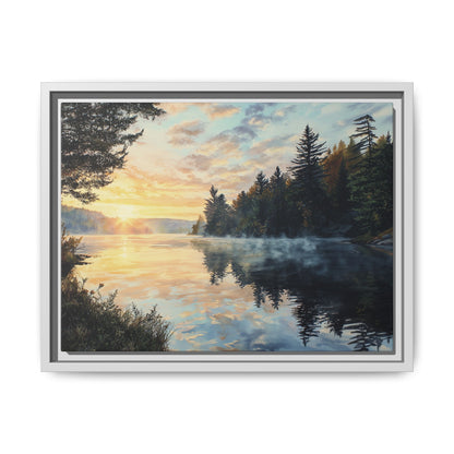 Sunrise Lake Framed Canvas Print — Forest Reflection Wall Art