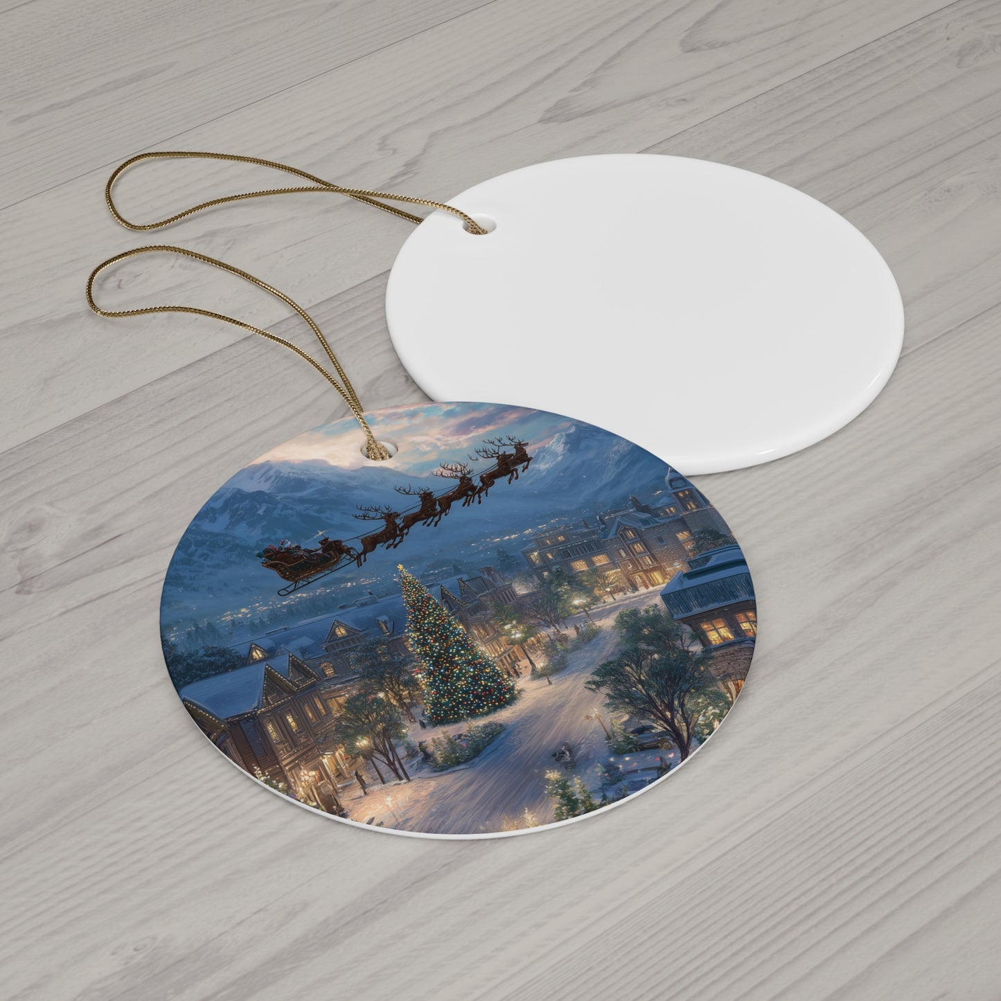 Star Ceramic Ornament – Santa Over Snowy Village Christmas Tree Holiday Decoration