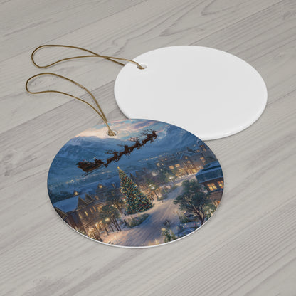 Star Ceramic Ornament – Santa Over Snowy Village Christmas Tree Holiday Decoration