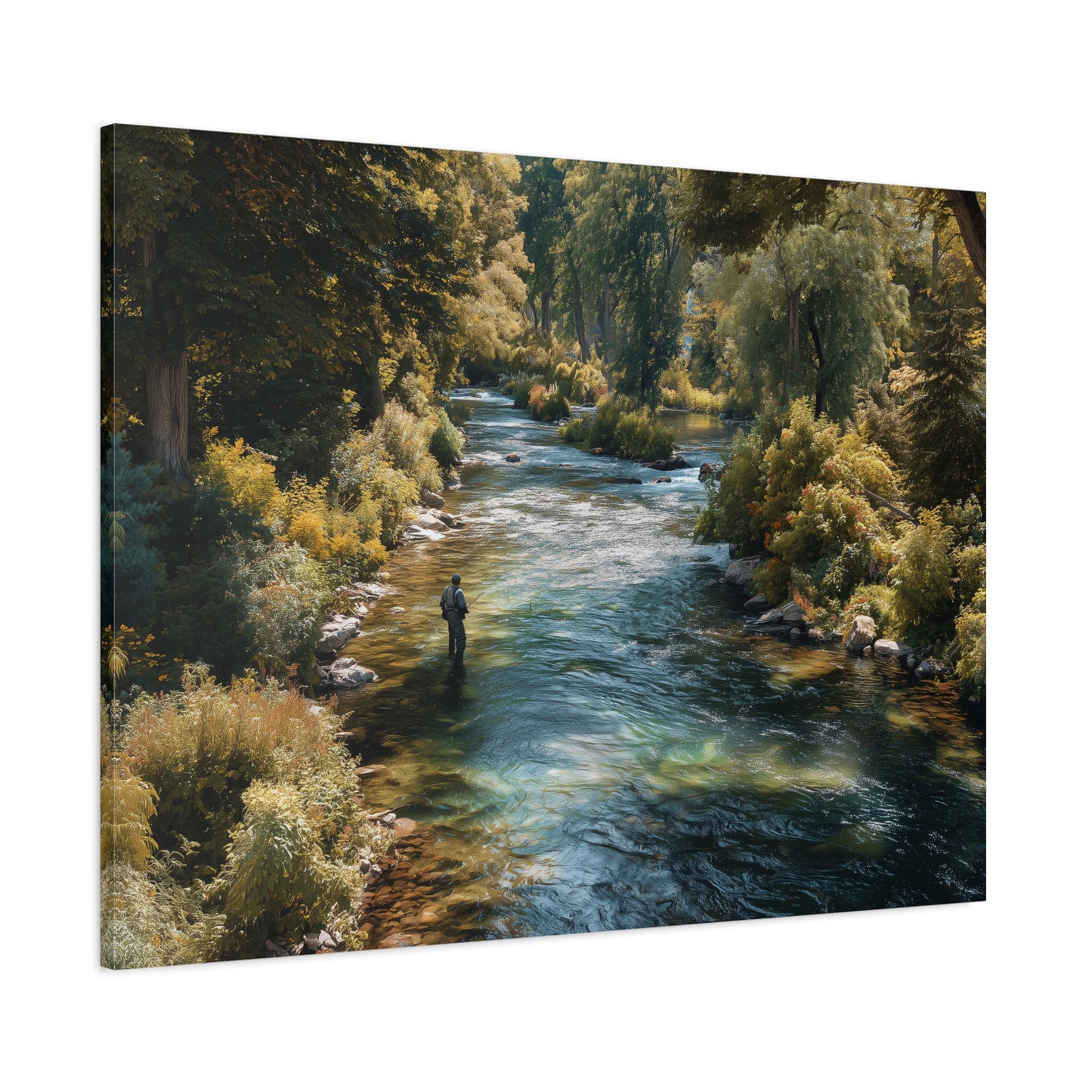 River Fishing Canvas Wall Art — Serene Forest Stream Matte Stretched Print