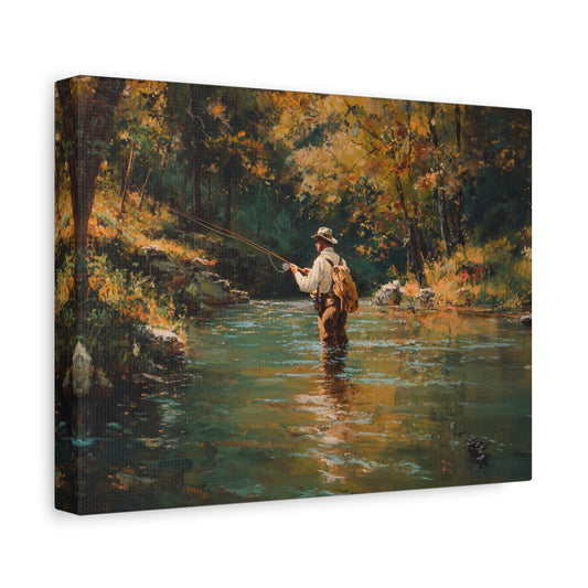 Vintage Fly Fisherman River Scene Matte Stretched Canvas (1.25")