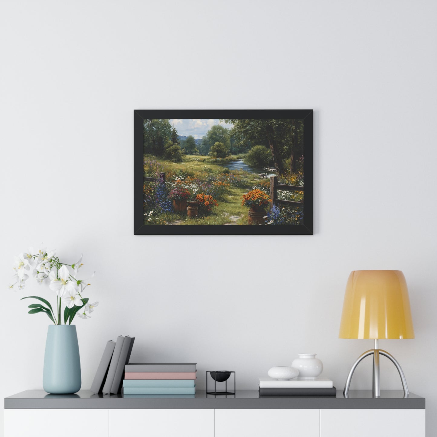 Serene Country Meadow Landscape Print - Framed Print