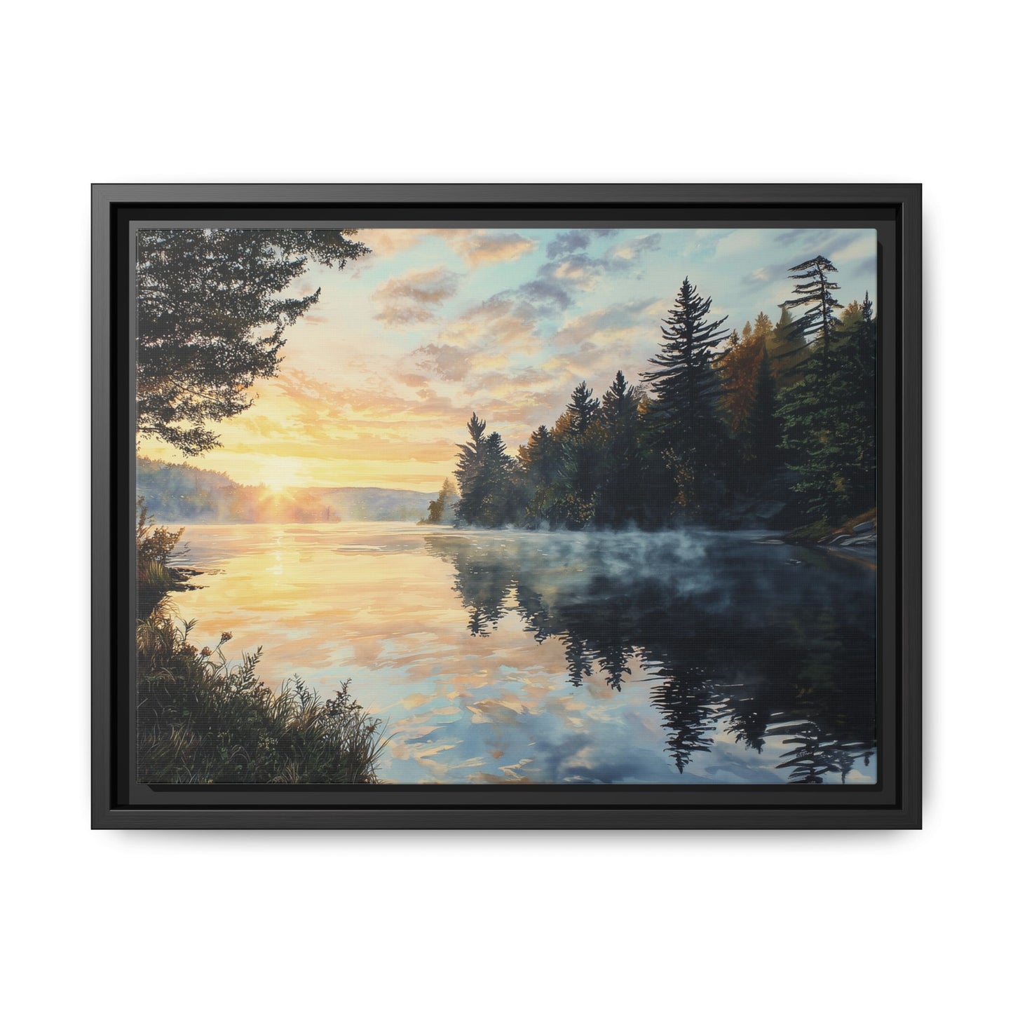 Sunrise Lake Framed Canvas Print — Forest Reflection Wall Art
