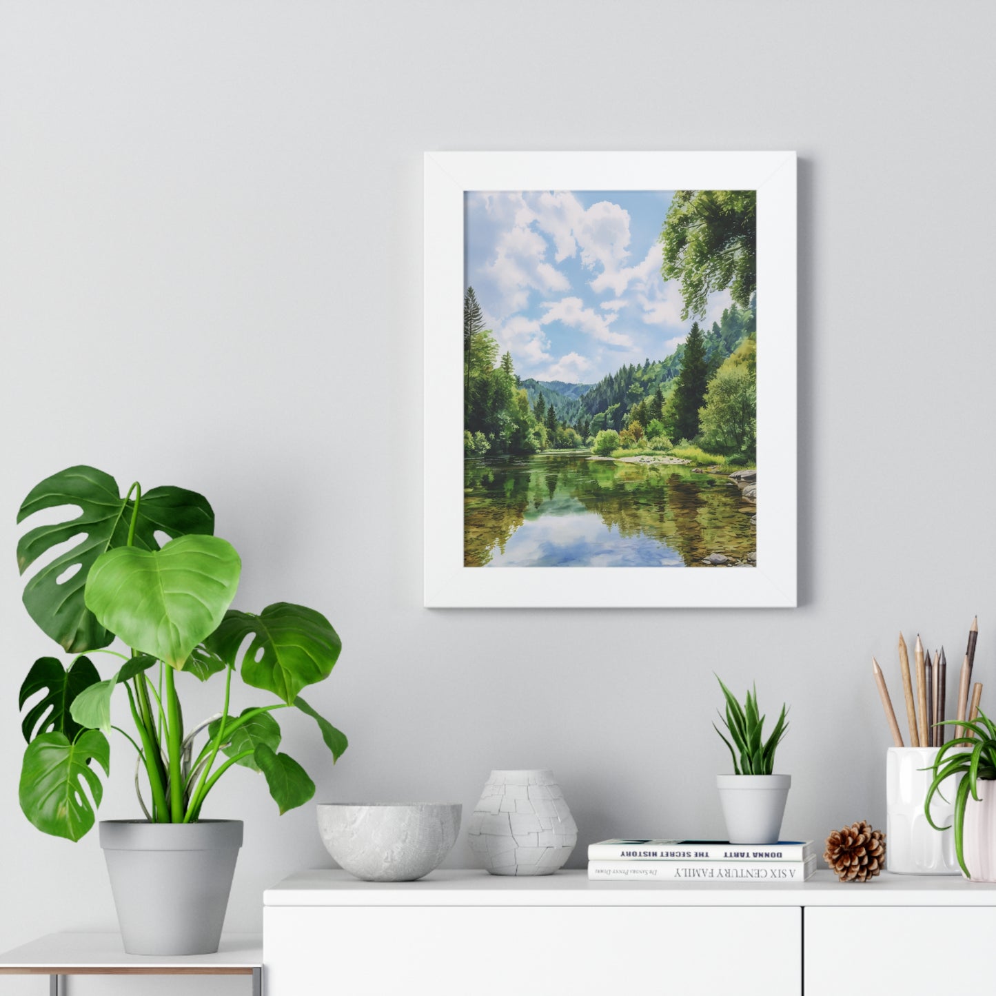 Serene Mountain Lake Landscape Wall Art -Framed Vertical Print
