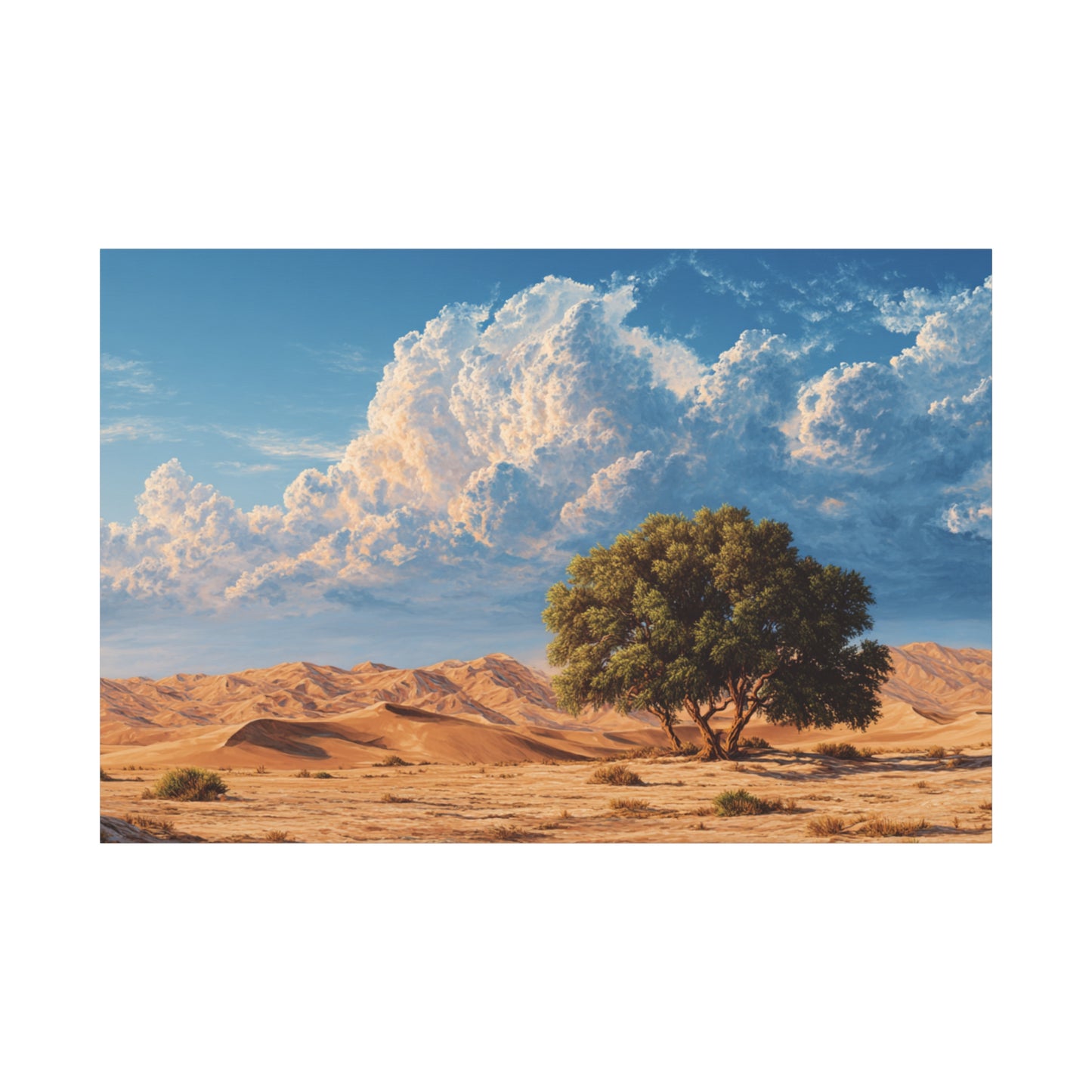 Desert Solitude Canvas Print — Lone Tree in Golden Dunes Matte Stretched Wall Art