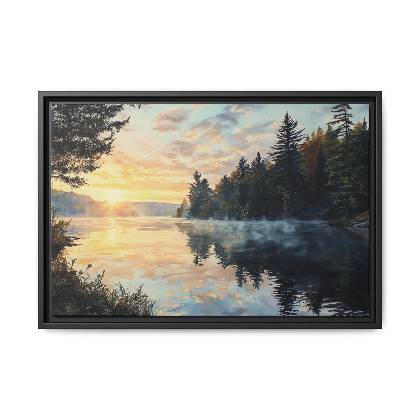 Sunrise Lake Framed Canvas Print — Forest Reflection Wall Art
