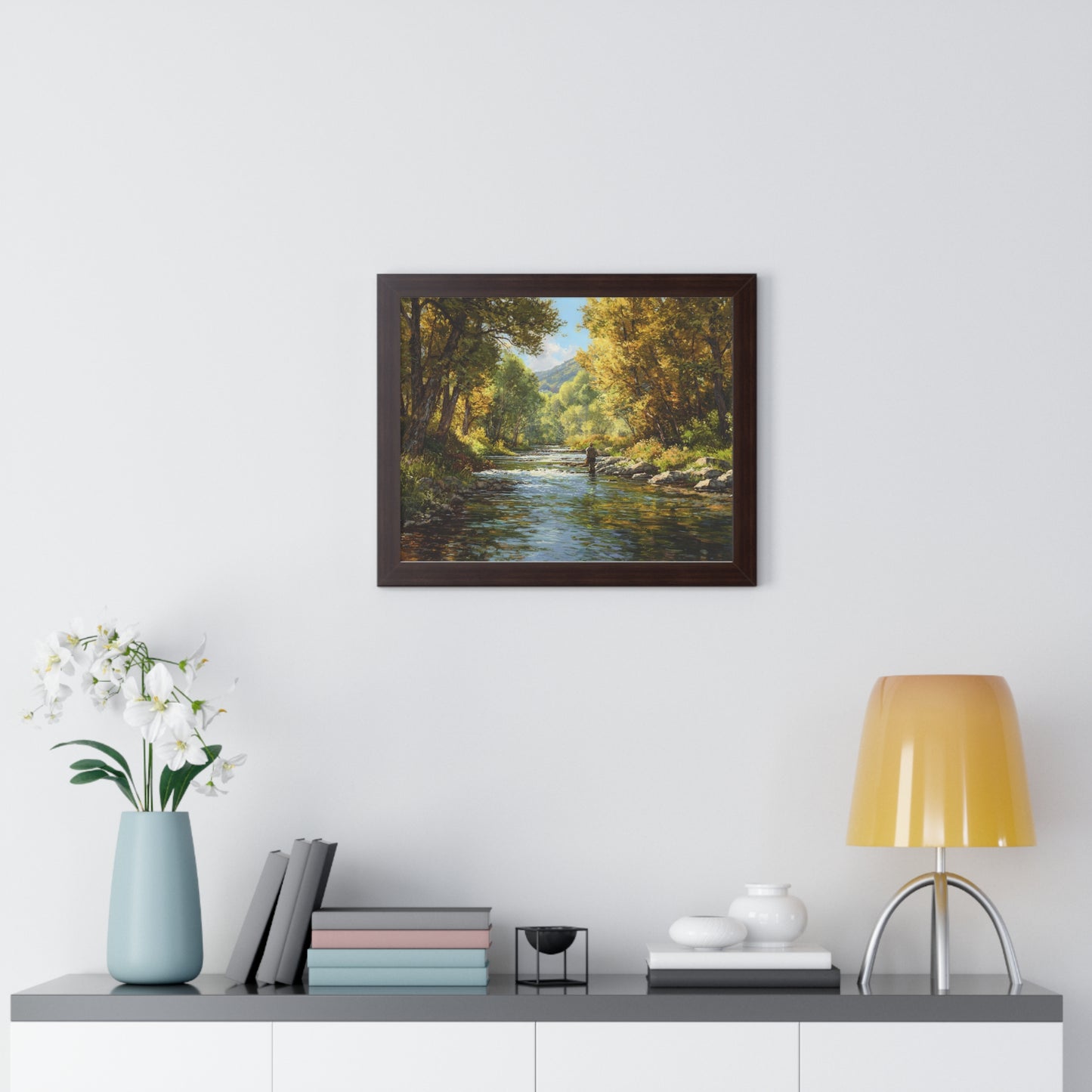 River Fly Fishing Art Print for Cabin & Living Room - Framed Landscape Print