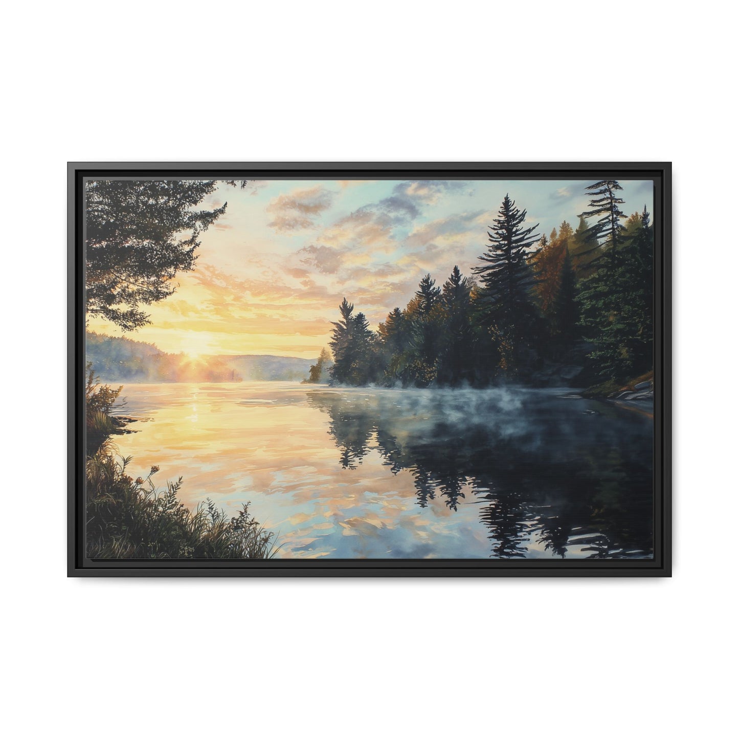 Sunrise Lake Framed Canvas Print — Forest Reflection Wall Art