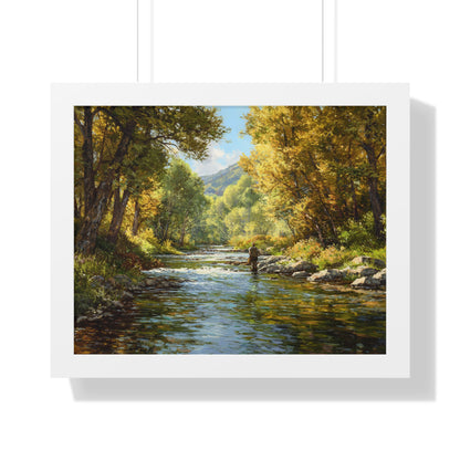 River Fly Fishing Art Print for Cabin & Living Room - Framed Landscape Print