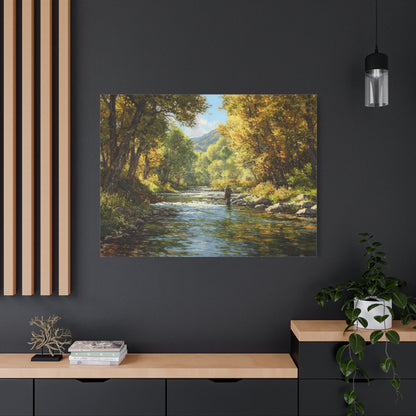 Autumn River Fly Fishing Matte Stretched Canvas