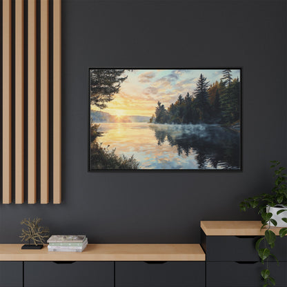Sunrise Lake Framed Canvas Print — Forest Reflection Wall Art
