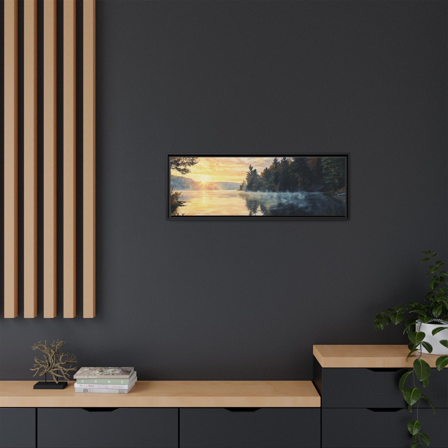 Sunrise Lake Framed Canvas Print — Forest Reflection Wall Art