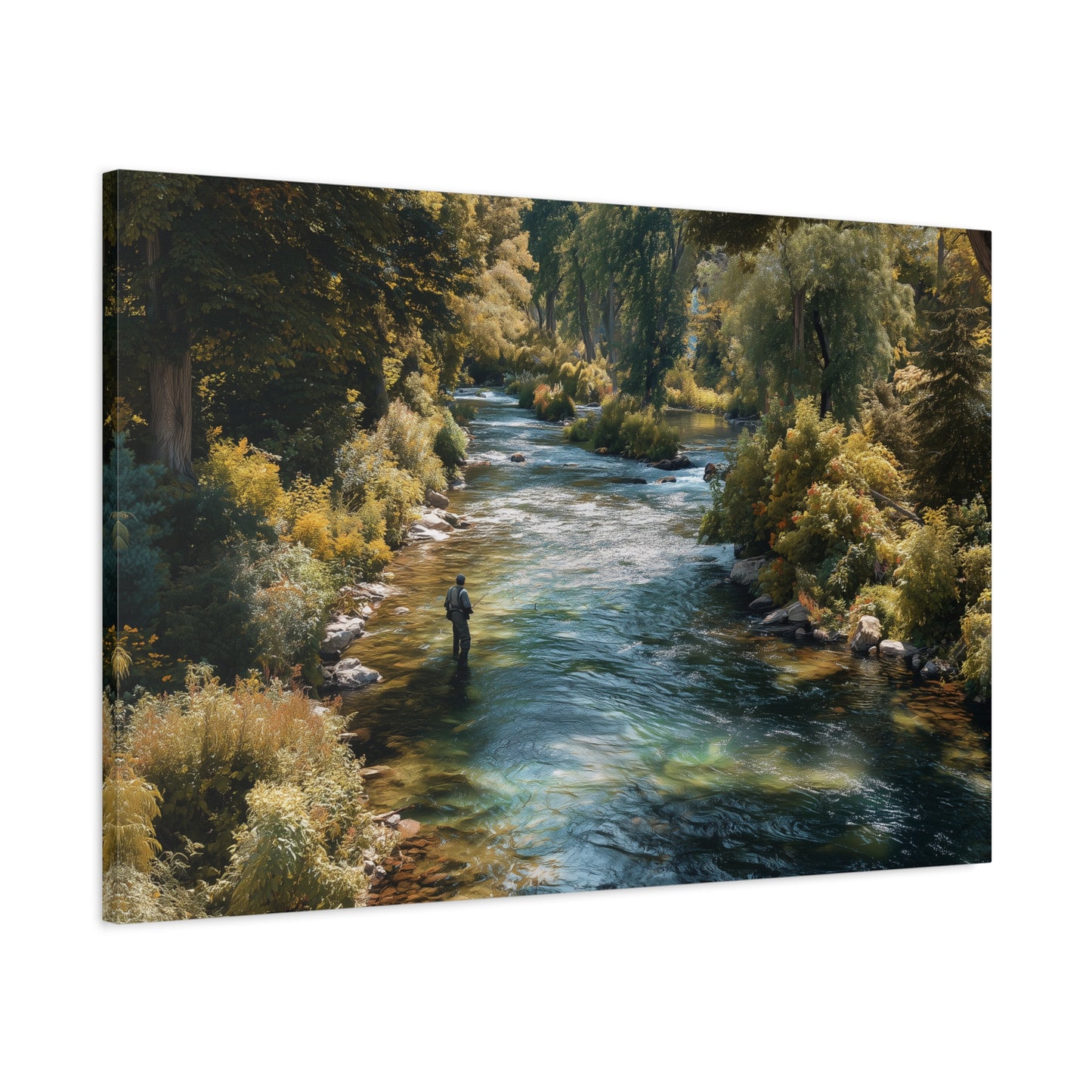 River Fishing Canvas Wall Art — Serene Forest Stream Matte Stretched Print